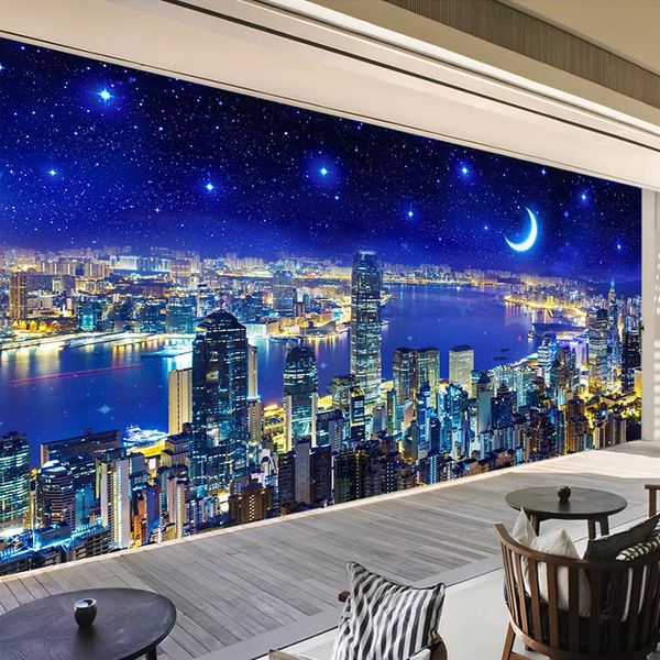 Personalizado Qualquer Ver Tamanho 3D Mural Pinturas Cidade Noite da construção Photo Wallpaper Sala Quarto Decor Estudo