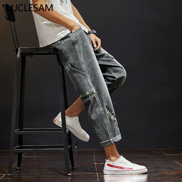

straight loose mens jeans wide leg ankle length pants fashion kpop clothes with big pockets casual gray printed denim trousers42, Blue