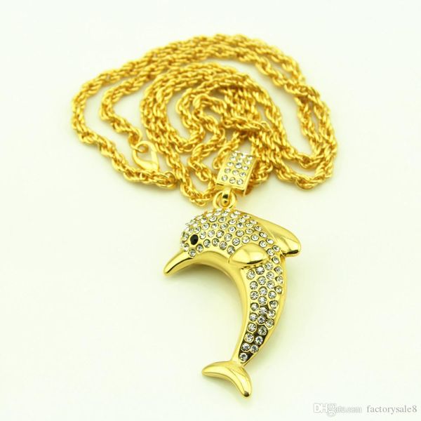 

wholesale 18k gold plated bling micro dolphin necklaces men women iced out charm cartoon chains rapper jewelry gifts pendants, Silver
