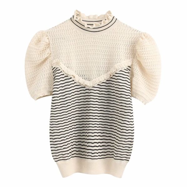 

new women ruffled collar striped patchwork knitted casual sweater ladies sleeve lace ruffles thin sweater ls6463, White;black