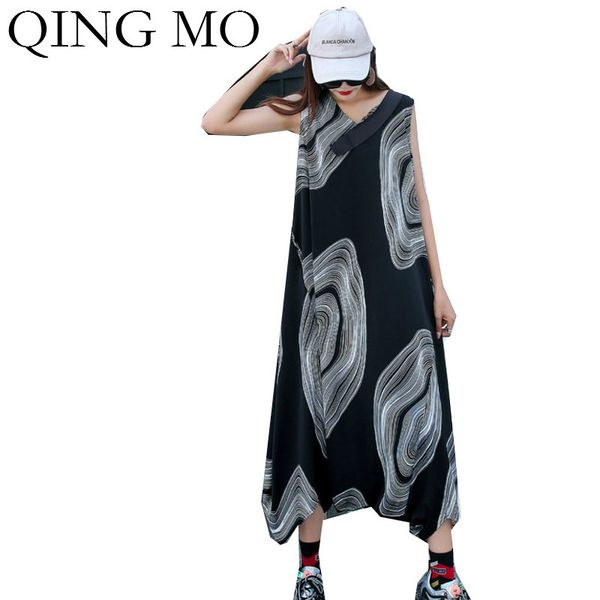 

qing mo plus size women printed jumpsuits 2020 women casual cross jumpsuits female v neck sleeveless zqy4426, Black;white