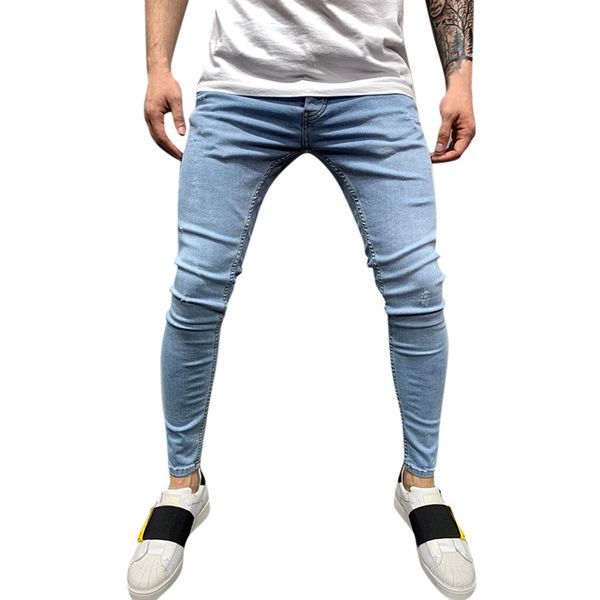 

streetwear mens jeans destroyed ripped design pencil pants ankle skinny stretch slim men full length jeans holes jean pants, Blue