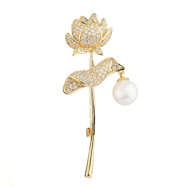 

metal lapel pins for women with imitation pearl fashion lotus flower brooch jewelry wholesale, Gray