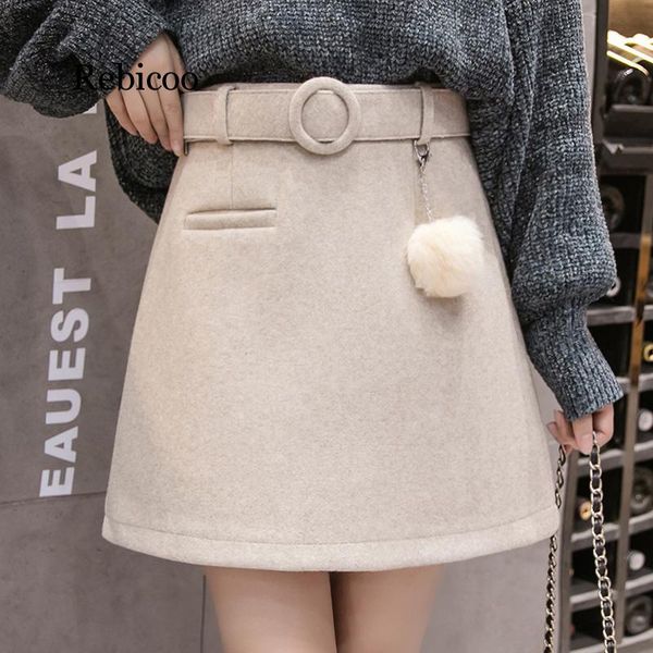 

women's woolen mini skirts 2019 autumn winter a line above knee belted short skirt high waist slim korean faldas mujer, Black