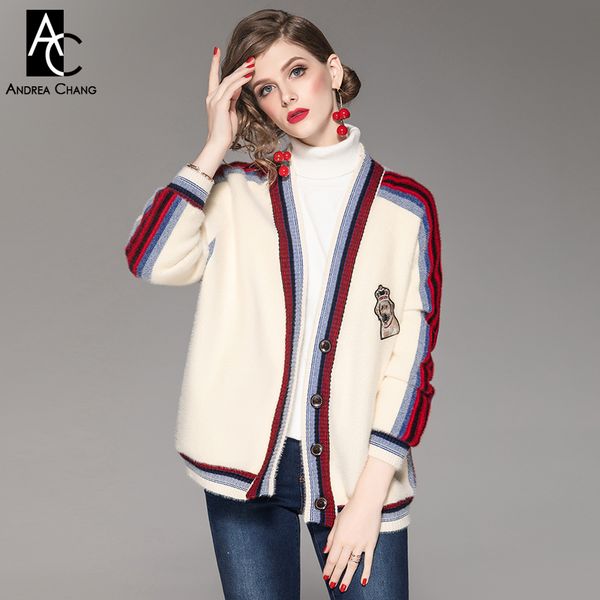

autumn winter women's sweater dog pattern applique black blue red strip pattern sleeve beige sweater fashion casual wool, White;black