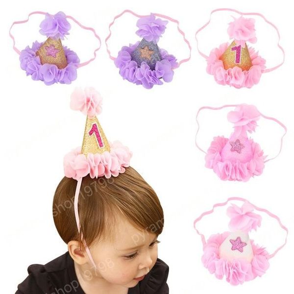 

kids lace hat headbands for birthday party children boutique hair jewelry accessories baby flower hat shinny headbands, Slivery;white