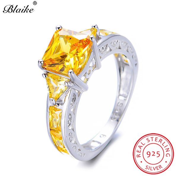 LY191226 Kadınlar Erkekler Büyüleyici sitrin Takı Kare Zirkon Birthstone Yüzük Hediyeler için hakiki 925 Gümüş Sarı Topaz Yüzük Blaike