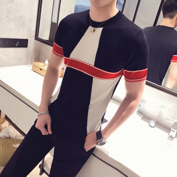

fashion contrast color splice shirts men short sleeve slim tshirt breathable para hombre men shirt male homme, White;black