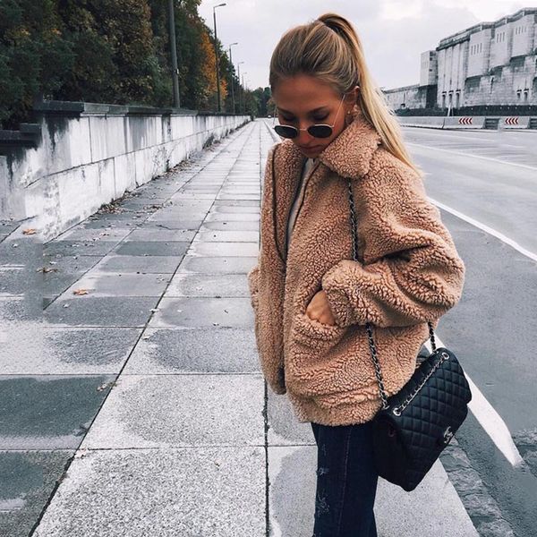 

autumn winter jacket female coat 2018 fashion new soft lapel loose fur coat female casual jacket woman zipper sweaters, Black;brown