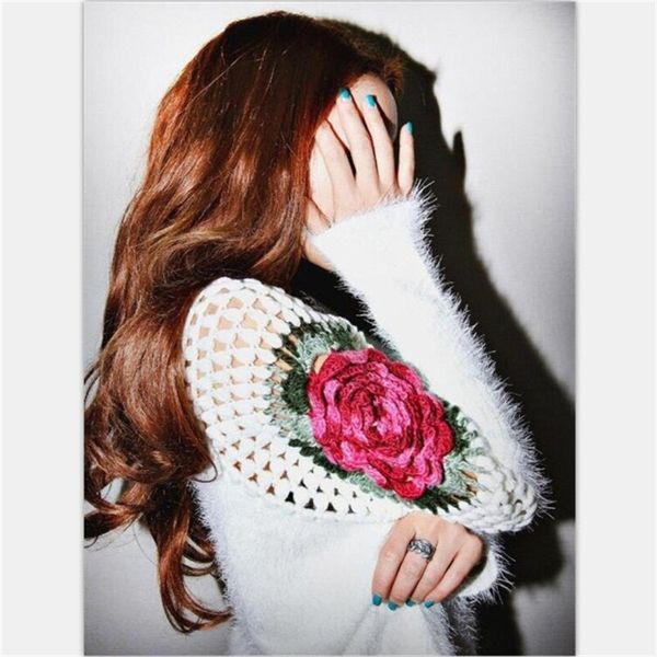 

women mohair sweater autumn winter russia china japan loose big size rose flowers embroidery knit pullover oblique collar lace, White;black