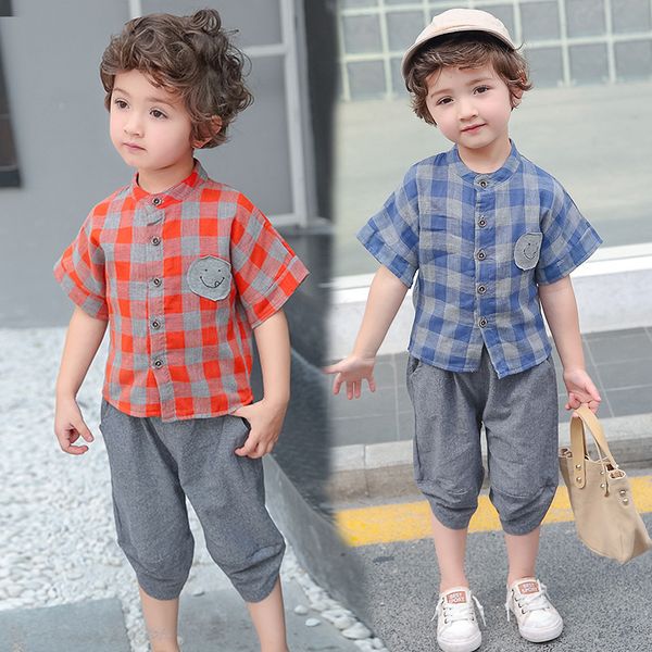 

multicolor summer short sleeve plaid print blouse t-shirt+shorts set cute boy casual outfits sets, White