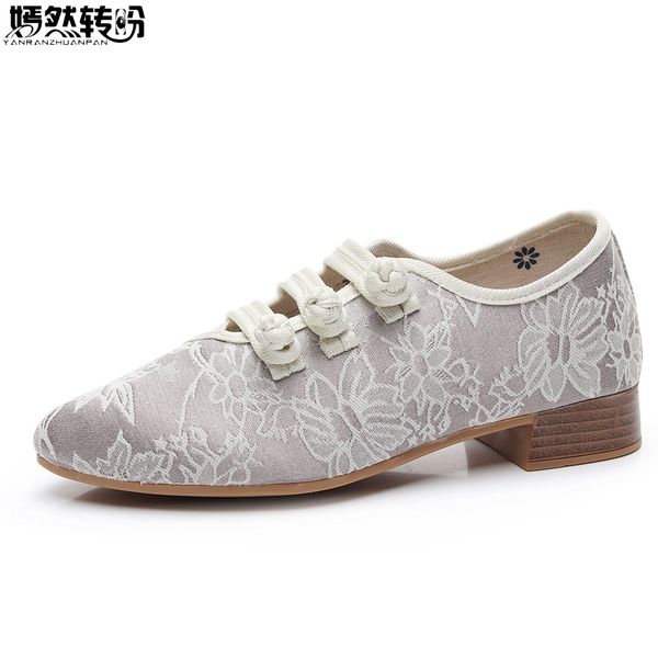 

autumn new women shoes elegant ladies solid color square heel shoes chinese ethnic pointed toe embroidery lace flats, Black