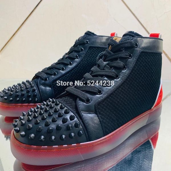 

high handmade black net leather black rivet toecap graffiti heel red bottom sports runner shoes for men flat casual loafers