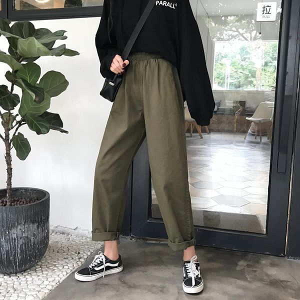 

black/green women loose adjustable waist haroun pants high waist female students preppy style jeans ankle-length denim trousers, Blue