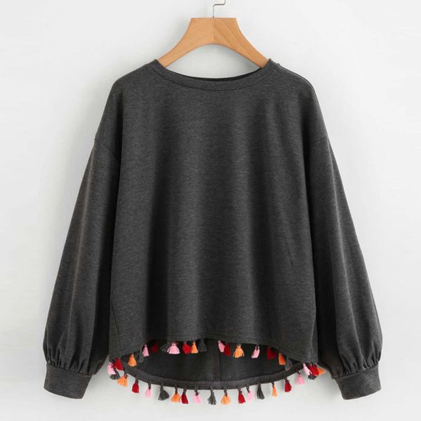 

fashion womens sweatshirt pullovers autumn spring casual long sleeve tassel korean style o-neck pullover loose moletom 2019, Black