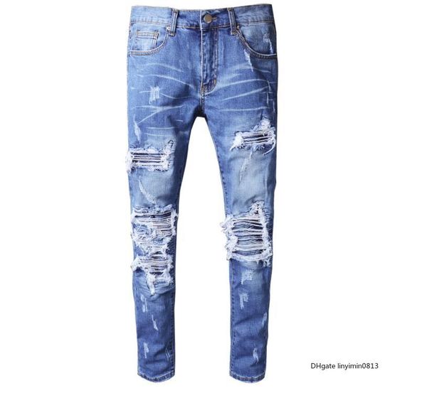 

роскошные мужской дизайнерских джинсы мужского роскошный джинсовый побитой упругие мотоциклетные брюки синего плиссированное соответствие от, Blue