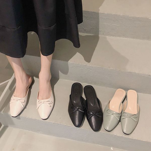 

slippers women summer shoes woman 2019 luxury slides shallow cover toe heeled mules socofy square heel low butterfly-knot, Black