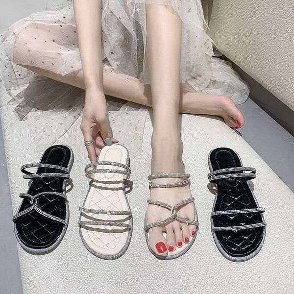 

rubber slippers low shoes for girls slides fashion fur flip flops lady hawaiian flat glitter crystal basic scandals pu, Black