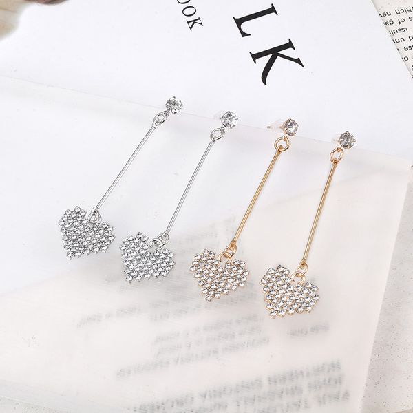 

korean new product ladies smart heart-shaped silver plated zircon pendant long earrings wedding party jewelry accessories, Golden;silver