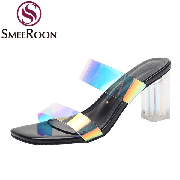 

smeeroon 2020 new arrival fashion women mules shoes patent leather ladies shoes thick high heels summer party, Black