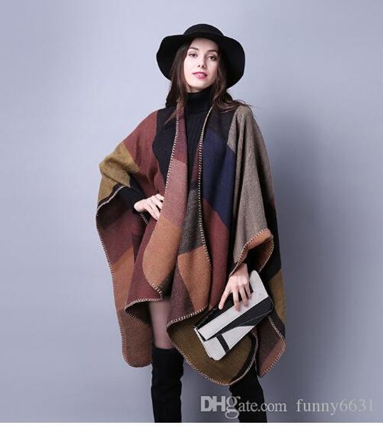 

1pcs autumn winter scarf grid woman travel shawls wool spinning ladies national intensification cloak 18colors cape christmas party cappa, Blue;gray