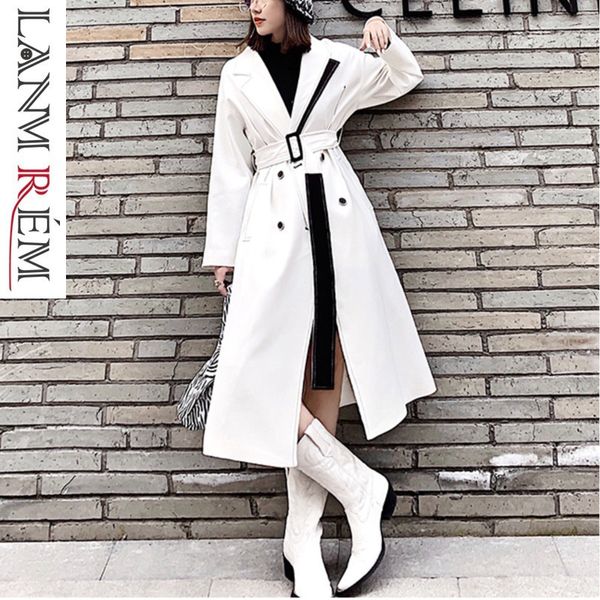 

lanmrem 2019 white notched collar windbreaker for women new spring korean fashion high waist long coat with belt female wd83000, Tan;black