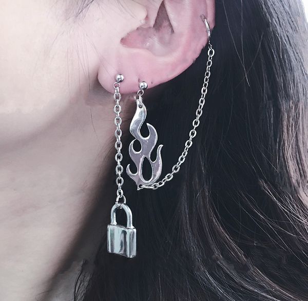 

harajuku girl flame and lock earrings women punk rock hip hop dangle earrings streetwear gothic tumblr hipster jewelry, Silver