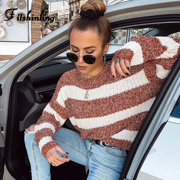 

fitshinling winter striped pullovers sweaters for women 2019 boho long sleeve slim jumper knitwear brown basic pull femme sale, White;black