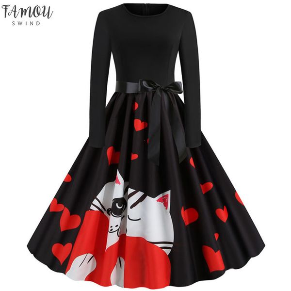 

robe noel femme winter dresses women long sleeve print vintage pinup rockabilly new year party valentine dress black vestido 3xl, Black;gray