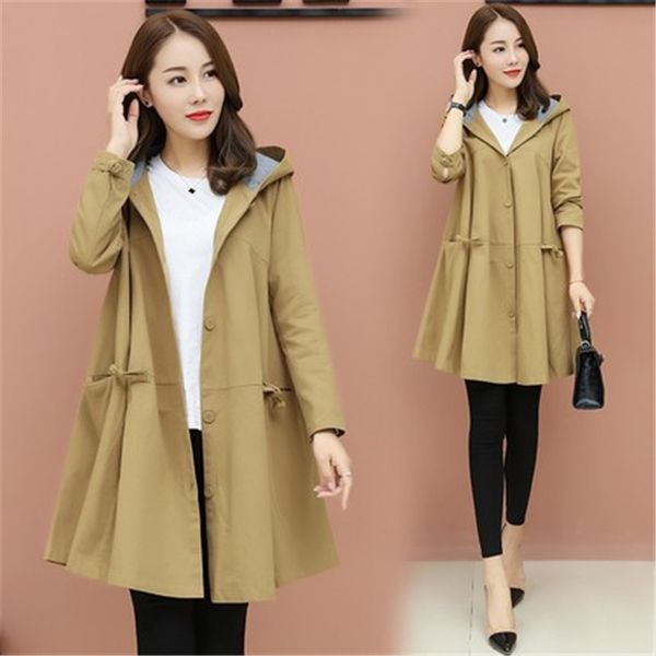 

women fashion 2019 new hooded trench coat korean spring autumn plus size long ladies coat loose outerwear womens windbreaker 3xl, Tan;black