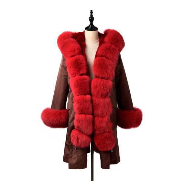 

ur 2019 fashion brown parkas women jackets real fur coat women winter natural fur parka with hood outwear red parkas, Black