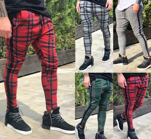 

men's trousers fitness exercise jogging plaid sweatpants slim trousers with pockets, Black;green