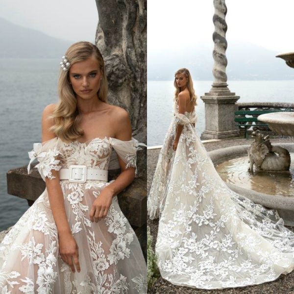 

julie vino 2020 wedding dresses off the shoulder lace appliqued sweep train beach boho bridal gowns backless vestido de novia, White