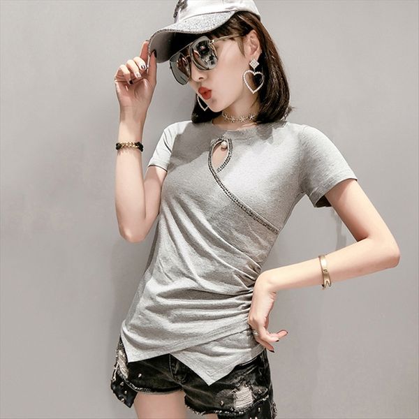 

2019 летние нерегулярные короткие рукава женские тонкие полые европейские моды 2019 лето нерегулярные футболки женские короткие рукава тонки, White