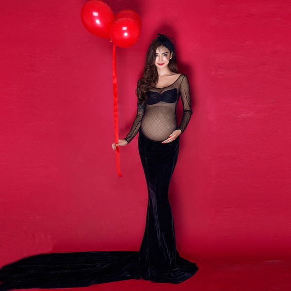 

платья для беременных для фотосессии материнство для фотографий реквизит с длинными рукавами сплошная сетка длинное платье для беременных но, White