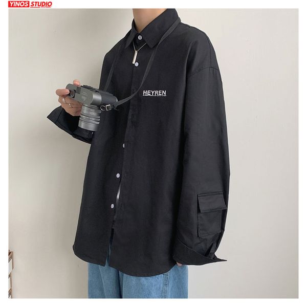 

dropshipping 2020 spring cartoon print lapel shirt korean harajuku long sleeve shirts men streetwear causal, White;black