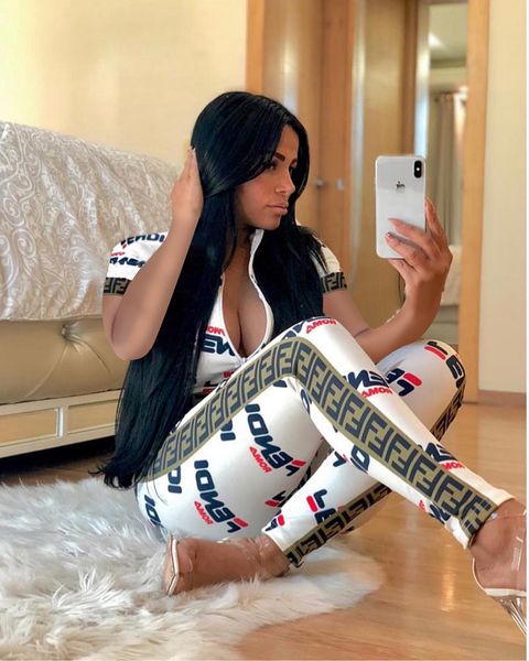 

high waist women's fashion letter print ribbon zipper stitching two-piece women's sports suit short-sleeved t-shirt, Gray