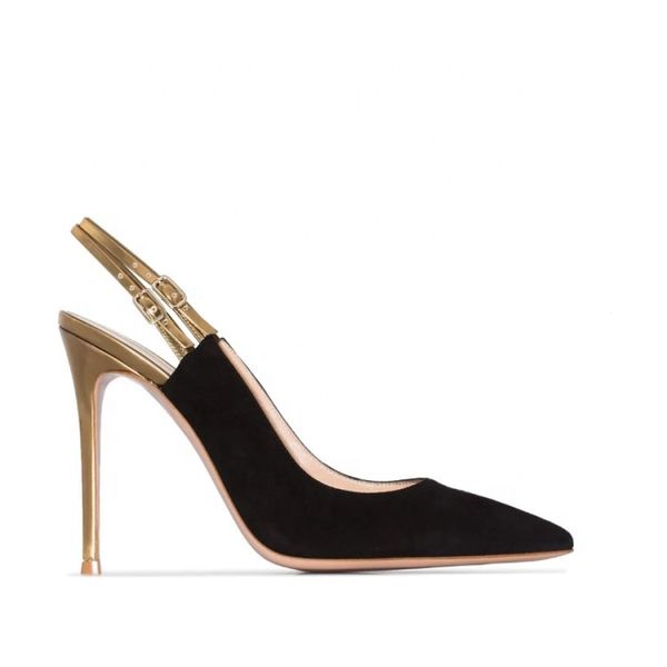 

2020 new arrival thin heels high heels womens pointed toe suede shallow back empty slingbacks womens shoes, Black