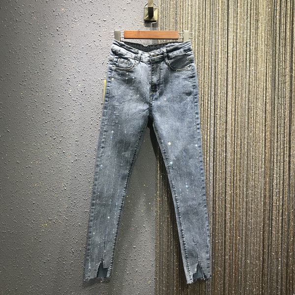 

2019 spring heavy industry drilling elastic high-waist jeans women's blue pants ankle length denim pencel pants