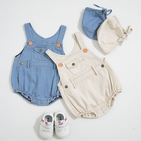 

baby girl designer clothes romper infant denim design sleeveless suspender romper + hat 100% cotton summer clothes, Blue