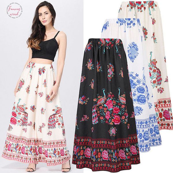 

women skirt summer casual skirt summer 2019 print women boho maxi beach floral holiday high waist long skirt w406, Black