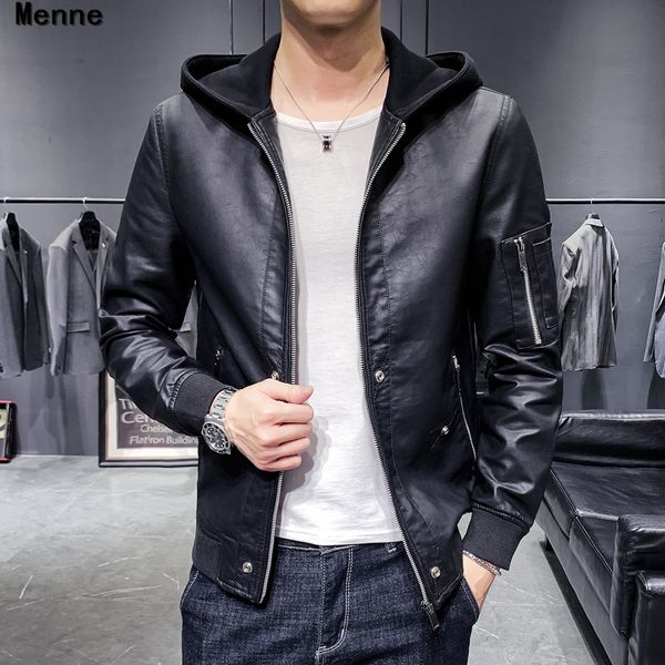 

2019 new men's jacket\ winter leather /caps/locomotive suit, Black