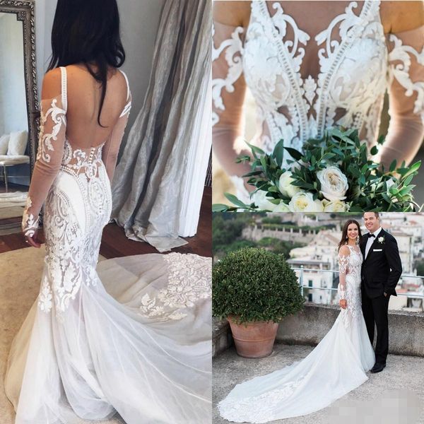 

2019 boho mermaid wedding dresses straps backless long illusion sleeves lace applique chapel train custom made beach wedding gown, White