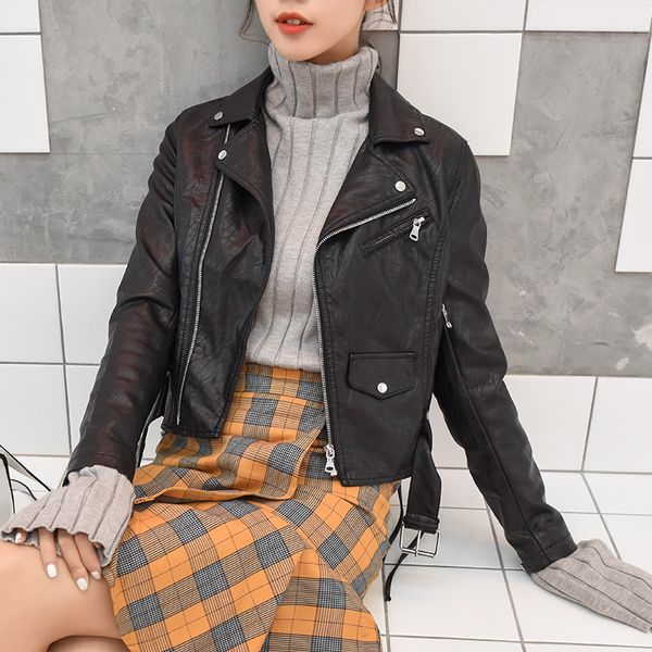 

women's short pu leather jacket long sleeve turn-down collar with belt autumn korean locomotive women's jacket s- new arrival, Black