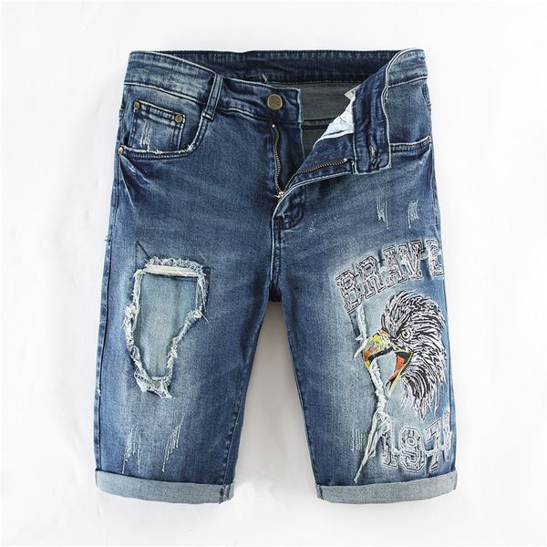 

2020 men's jeans fashion tide brand painted stretch black denim shorts motorcycle pants worn slim fold men's jeans 28-38, Blue