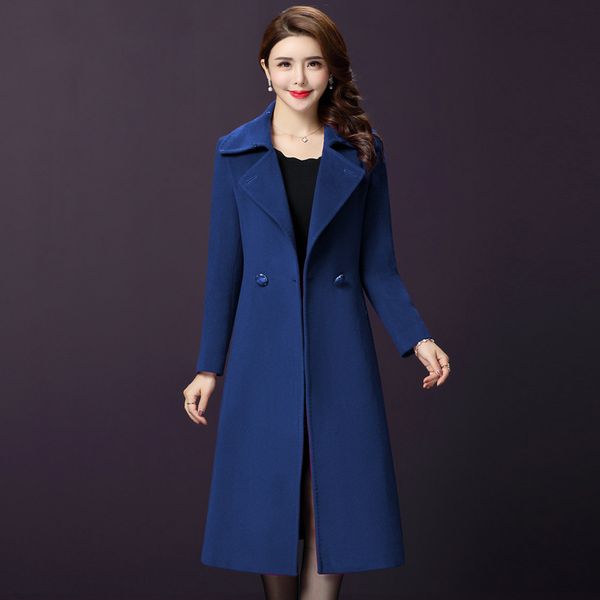 

office lady slim women long winter wool blend coat turn-down collar wool coat and jacket single breasted outerwear, Black