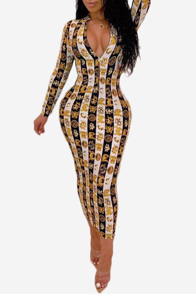 19SS New Arrival Women's Dress Designer for Summer Luxury Snakeskin Print Long Sleeve Dress V-neck Bodycon Dress Sexy & Club Style Hot Sale