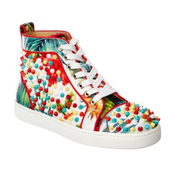 

luxury designer france young junior skate shoes flower geunine leather red bottom men shoes orlato leather spiked sneaker, Black