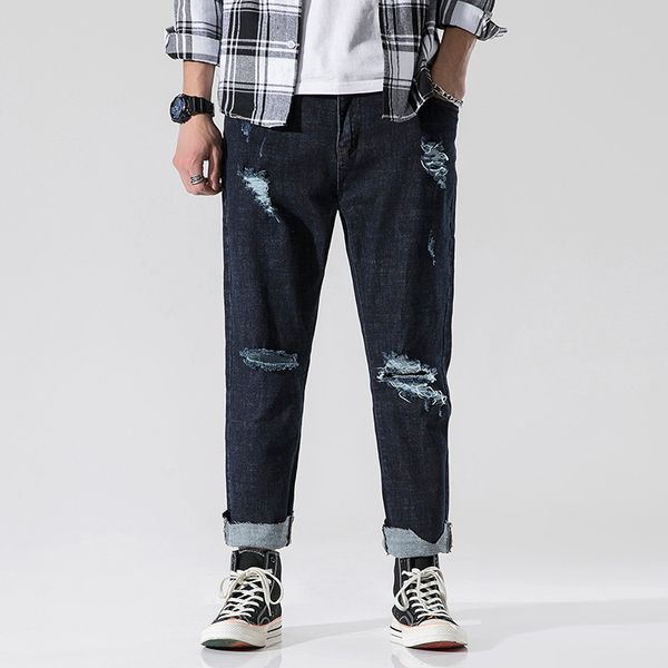 

spring new products japanese-style elasticity men slim fit denim (ankle-length pants) teenager loose-fit with holes 9 pants men, Blue