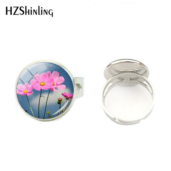 

fashion beauty colorful flowers narcissus tulip poppy silver glass ring jewelry hand craft cabochon round rings accessories